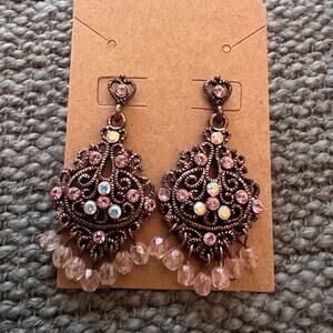 Bronze and Pink Beaded Vintage Inspired Dangle Earrings